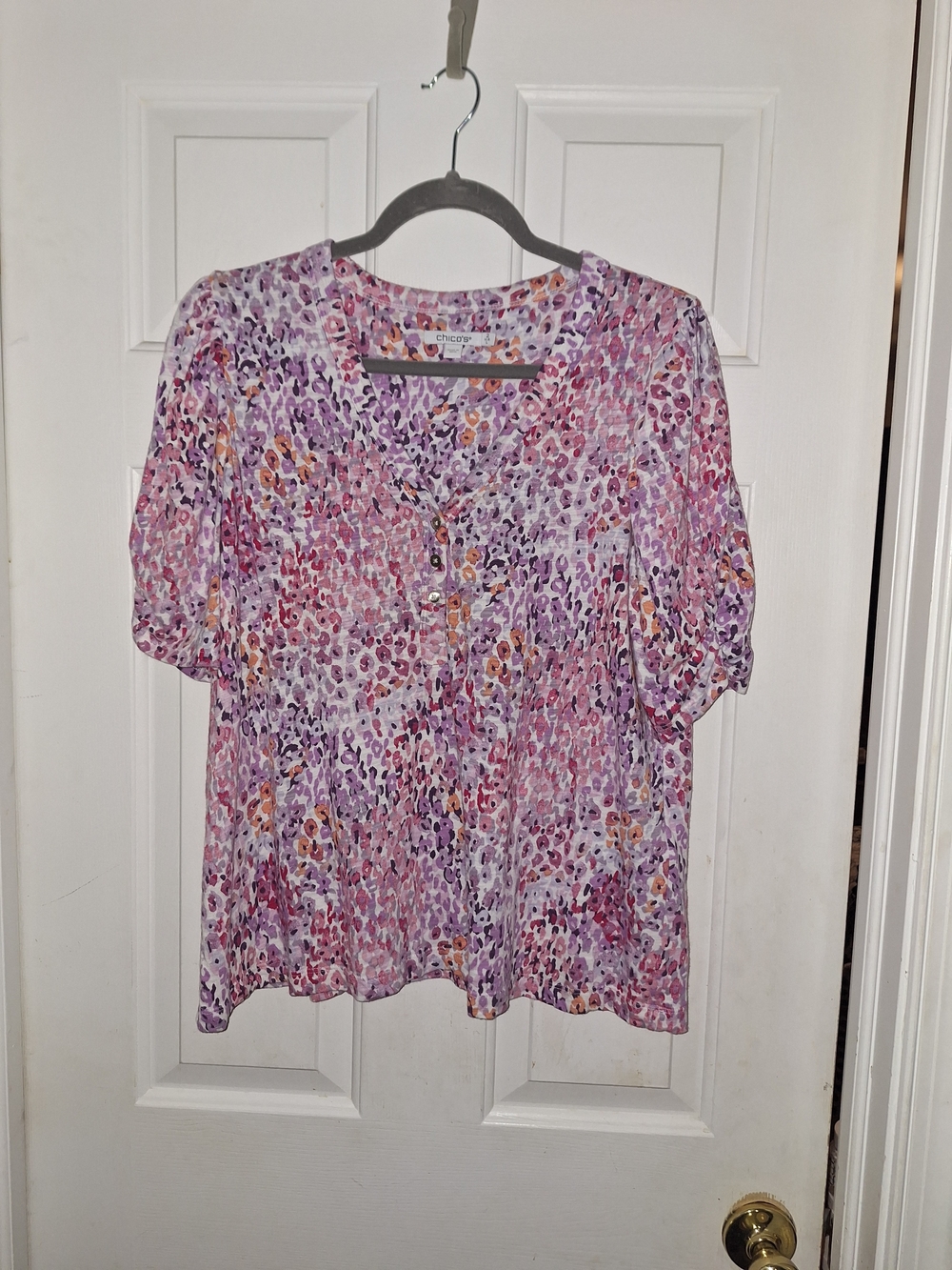 Chico's Pink and Purple Animal Print Elbow Sleeve Top Size 2